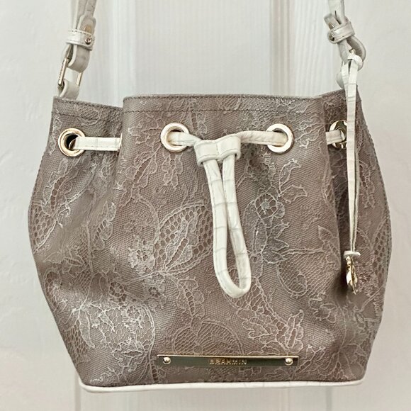 Brahmin Melinda Drawstring Floral Lace Bucket Bag Taupe Gray White Crossbody - Picture 1 of 16